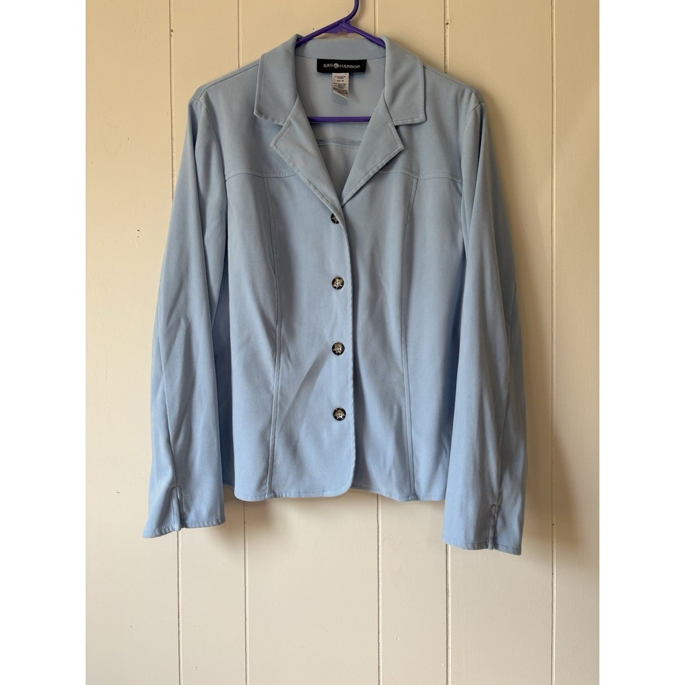 Sag Harbor Women's Light Blue Stretch Knit Blazer Jacket Size 14 Career Office